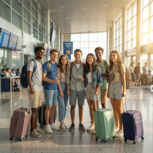 Work and Travel USA Jordan students at airport preparing to travel to United States