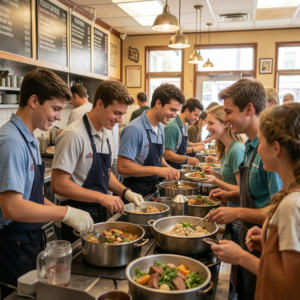International students working in restaurant during Work and Travel USA program in United States