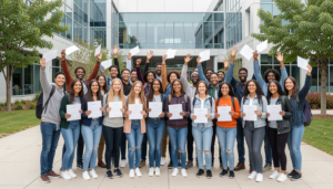 Students celebrating a successful international exchange experience