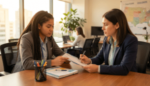 Student receiving Work and Travel safety guidance